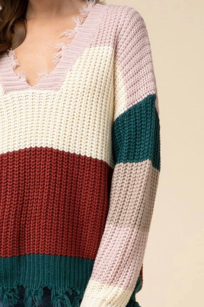 Distressed Color-Block Sweater